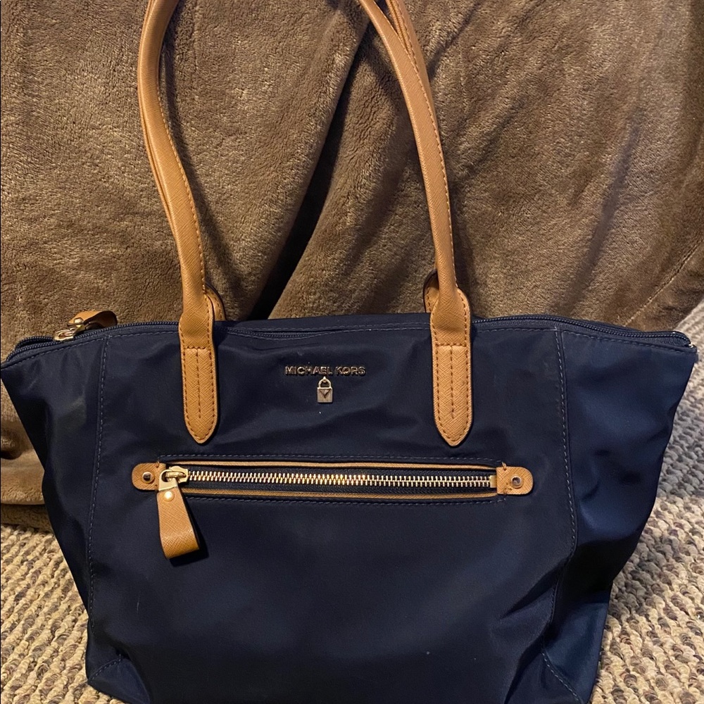 Michael Koors Navy Nylon & Camel Leather Bag